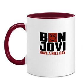 Кружка двухцветная с принтом Bon Jovi, have a nice day в Рязани, керамика | объем — 330 мл, диаметр — 80 мм. Цветная ручка и кайма сверху, в некоторых цветах — вся внутренняя часть | Тематика изображения на принте: bon jovi | бон | бон джови | глэм | группа | джови | джон | метал | рок | хард