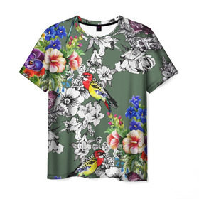 Мужская футболка 3D с принтом Райский остров в Рязани, 100% полиэфир | прямой крой, круглый вырез горловины, длина до линии бедер | Тематика изображения на принте: арт | краска | попугаи | попугай | прикольные | рай | тропики | цветные | цветок | цветы