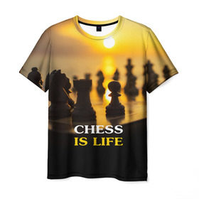 Мужская футболка 3D с принтом Шахматы - это жизнь в Рязани, 100% полиэфир | прямой крой, круглый вырез горловины, длина до линии бедер | chess | game | sport | гроссмейстер | закат | игра | интеллект | солнце | спорт | фигура | шахматист | шахматы