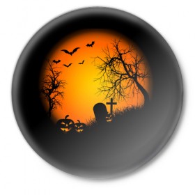 Значок с принтом Хэллоуин в Рязани,  металл | круглая форма, металлическая застежка в виде булавки | Тематика изображения на принте: кладбище | тыквы | хэллоуин