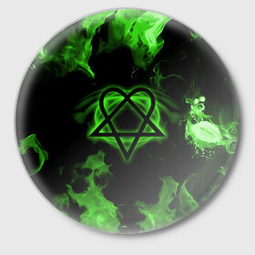 Значок с принтом HIM зеленое пламя в Рязани,  металл | круглая форма, металлическая застежка в виде булавки | 