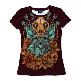 Женская футболка 3D с принтом Бедная Мурка в Рязани, 100% полиэфир ( синтетическое хлопкоподобное полотно) | прямой крой, круглый вырез горловины, длина до линии бедер | кот | кошка | стрелы | хэллоуин | цветы | череп
