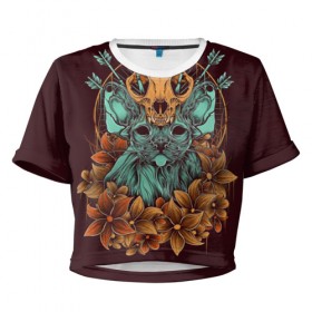Женская футболка 3D укороченная с принтом Бедная Мурка в Рязани, 100% полиэстер | круглая горловина, длина футболки до линии талии, рукава с отворотами | кот | кошка | стрелы | хэллоуин | цветы | череп