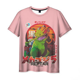Мужская футболка 3D с принтом Годзилла в Рязани, 100% полиэфир | прямой крой, круглый вырез горловины, длина до линии бедер | lizard | raptor | reptar | t rex  dino | годзила | годзилла | динозавр | иероглифы | монстр | япония | ящер