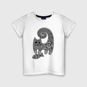 Детская футболка хлопок с принтом Кот3 в Рязани, 100% хлопок | круглый вырез горловины, полуприлегающий силуэт, длина до линии бедер |  кот | котик | рыба | узор | узоры