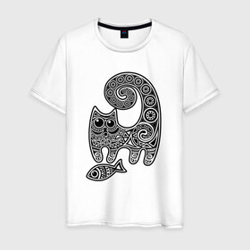 Мужская футболка хлопок с принтом Кот3 в Рязани, 100% хлопок | прямой крой, круглый вырез горловины, длина до линии бедер, слегка спущенное плечо. |  кот | котик | рыба | узор | узоры
