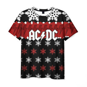 Мужская футболка 3D с принтом Праздничный AC/DC в Рязани, 100% полиэфир | прямой крой, круглый вырез горловины, длина до линии бедер | ac dc | acdc | for those about to ro | австралийская | ангус янг | блюз рок | головы | группа | знак | красный | крис слэйд | музыканты | надпись | новогодний | новый год | певцы | праздник | рождество | рок | рок н ролл