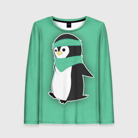 Женский лонгслив 3D с принтом Penguin green в Рязани, 100% полиэстер | длинные рукава, круглый вырез горловины, полуприлегающий силуэт | cartoon | green | penguin | зеленый | милый | мультик | мультфильм | пингвин | рисунок