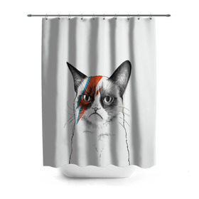 Штора 3D для ванной с принтом Grumpy cat (David Bowie) в Рязани, 100% полиэстер | плотность материала — 100 г/м2. Стандартный размер — 146 см х 180 см. По верхнему краю — пластиковые люверсы для креплений. В комплекте 10 пластиковых колец | бодиарт | грумпи | дэвид боуи | злой кот | интернет | котей | котик | кошка | мем | мемас | мемчик. | молния на лице | рисунок на лице | сердитый