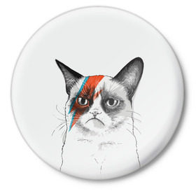 Значок с принтом Grumpy cat (David Bowie) в Рязани,  металл | круглая форма, металлическая застежка в виде булавки | Тематика изображения на принте: бодиарт | грумпи | дэвид боуи | злой кот | интернет | котей | котик | кошка | мем | мемас | мемчик. | молния на лице | рисунок на лице | сердитый