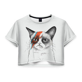 Женская футболка 3D укороченная с принтом Grumpy cat (David Bowie) в Рязани, 100% полиэстер | круглая горловина, длина футболки до линии талии, рукава с отворотами | бодиарт | грумпи | дэвид боуи | злой кот | интернет | котей | котик | кошка | мем | мемас | мемчик. | молния на лице | рисунок на лице | сердитый