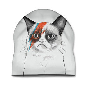 Шапка 3D с принтом Grumpy cat (David Bowie) в Рязани, 100% полиэстер | универсальный размер, печать по всей поверхности изделия | Тематика изображения на принте: бодиарт | грумпи | дэвид боуи | злой кот | интернет | котей | котик | кошка | мем | мемас | мемчик. | молния на лице | рисунок на лице | сердитый