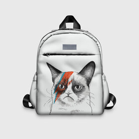 Детский рюкзак 3D с принтом Grumpy cat (David Bowie) в Рязани, 100% полиэстер | лямки с регулируемой длиной, сверху петелька, чтобы рюкзак можно было повесить на вешалку. Основное отделение закрывается на молнию, как и внешний карман. Внутри дополнительный карман. По бокам два дополнительных кармашка | бодиарт | грумпи | дэвид боуи | злой кот | интернет | котей | котик | кошка | мем | мемас | мемчик. | молния на лице | рисунок на лице | сердитый