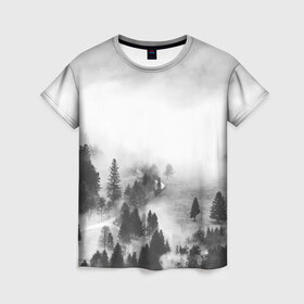 Женская футболка 3D с принтом Лес и туман в Рязани, 100% полиэфир ( синтетическое хлопкоподобное полотно) | прямой крой, круглый вырез горловины, длина до линии бедер | black and white | лес | лес и туман | туман | чернобелый  фон | чернобелый лес
