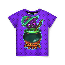 Детская футболка 3D с принтом Кошка-ведьмочка в Рязани, 100% гипоаллергенный полиэфир | прямой крой, круглый вырез горловины, длина до линии бедер, чуть спущенное плечо, ткань немного тянется | halloween | helloween | ведунья | ведьма | зелье | кот | котел | котик | кошка | магия | хеллоуин | хэллоуин