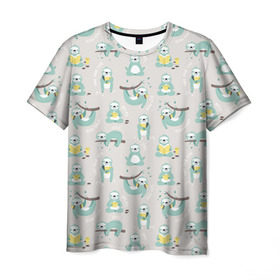Мужская футболка 3D с принтом Ленивцы в Рязани, 100% полиэфир | прямой крой, круглый вырез горловины, длина до линии бедер | дерево | книга | ленивец | милота | сон | спать | чтение