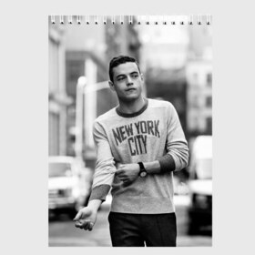 Скетчбук с принтом Rami Malek в Рязани, 100% бумага
 | 48 листов, плотность листов — 100 г/м2, плотность картонной обложки — 250 г/м2. Листы скреплены сверху удобной пружинной спиралью | Тематика изображения на принте: mr robot | rami malek | мистер робот | рами малек