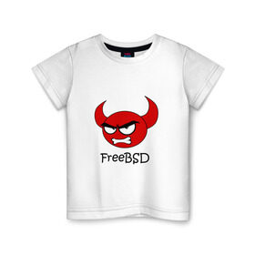 Детская футболка хлопок с принтом FreeBSD демон в Рязани, 100% хлопок | круглый вырез горловины, полуприлегающий силуэт, длина до линии бедер | Тематика изображения на принте: bsd | demon | freebsd | os | unix | демон | злой | ос | чёртик