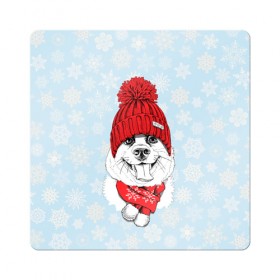 Магнит виниловый Квадрат с принтом Собачка в шапочке в Рязани, полимерный материал с магнитным слоем | размер 9*9 см, закругленные углы | зима | новый год | подарок | рождество | собака