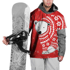 Накидка на куртку 3D с принтом Белый медведь в свитере в Рязани, 100% полиэстер |  | red | snow | snowflakes | stars | sweater | white bear | winter | белый медведь | звезды | зима | красный | снег | снежинки