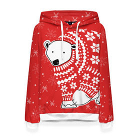 Женская толстовка 3D с принтом Белый медведь в свитере в Рязани, 100% полиэстер  | двухслойный капюшон со шнурком для регулировки, мягкие манжеты на рукавах и по низу толстовки, спереди карман-кенгуру с мягким внутренним слоем. | red | snow | snowflakes | stars | sweater | white bear | winter | белый медведь | звезды | зима | красный | снег | снежинки