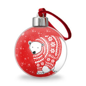 Ёлочный шар с принтом Белый медведь в свитере в Рязани, Пластик | Диаметр: 77 мм | red | snow | snowflakes | stars | sweater | white bear | winter | белый медведь | звезды | зима | красный | снег | снежинки