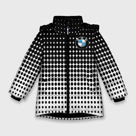 Зимняя куртка для девочек 3D с принтом BMW 2018 Black and White IV в Рязани, ткань верха — 100% полиэстер; подклад — 100% полиэстер, утеплитель — 100% полиэстер. | длина ниже бедра, удлиненная спинка, воротник стойка и отстегивающийся капюшон. Есть боковые карманы с листочкой на кнопках, утяжки по низу изделия и внутренний карман на молнии. 

Предусмотрены светоотражающий принт на спинке, радужный светоотражающий элемент на пуллере молнии и на резинке для утяжки. | Тематика изображения на принте: bmw | автомобильные | бмв | машины