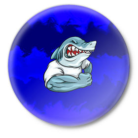 Значок с принтом aggressive shark в Рязани,  металл | круглая форма, металлическая застежка в виде булавки | абстракция | акула | краски | синий | темносиний
