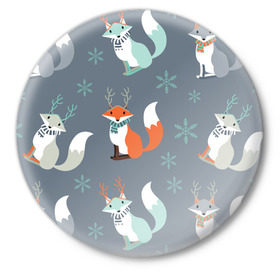 Значок с принтом Новогодний лис в Рязани,  металл | круглая форма, металлическая застежка в виде булавки | елка | лисички | новый год | снег | снежинки