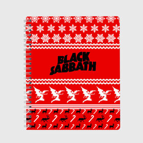 Тетрадь с принтом Праздничный Black Sabbath в Рязани, 100% бумага | 48 листов, плотность листов — 60 г/м2, плотность картонной обложки — 250 г/м2. Листы скреплены сбоку удобной пружинной спиралью. Уголки страниц и обложки скругленные. Цвет линий — светло-серый
 | Тематика изображения на принте: black sabbath | ozzy osbourne | ангелы | билл уорд | гизер батлер | группа | знак | красный | метал | музыка | надпись | новогодний | новый год | оззи | осборн | песни | праздник | ро | рождество | рок | снежинки