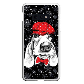 Чехол для Samsung S10E с принтом Бассет-хаунд в Рязани, Силикон | Область печати: задняя сторона чехла, без боковых панелей | bow | breed | cap | christmas | dog | holiday | new year | red | wint | бант | бассет хаунд | белый | взгляд | горошек | зима | красный | новый год | порода | праздник | рождество | снег | снежинки | собака | фуражка