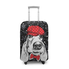 Чехол для чемодана 3D с принтом Бассет-хаунд в Рязани, 86% полиэфир, 14% спандекс | двустороннее нанесение принта, прорези для ручек и колес | bow | breed | cap | christmas | dog | holiday | new year | red | wint | бант | бассет хаунд | белый | взгляд | горошек | зима | красный | новый год | порода | праздник | рождество | снег | снежинки | собака | фуражка