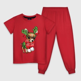 Детская пижама хлопок с принтом Год собаки в Рязани, 100% хлопок |  брюки и футболка прямого кроя, без карманов, на брюках мягкая резинка на поясе и по низу штанин
 | Тематика изображения на принте: christmas | deer | dog | holiday | horns | new year | scarf | snow | snowflakes | sweater | winter | зима | новый год | олень | праздник | рога | рождество | свитер | снег | снежинки | собака | шарф