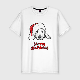 Мужская футболка премиум с принтом Собака Санта в Рязани, 92% хлопок, 8% лайкра | приталенный силуэт, круглый вырез ворота, длина до линии бедра, короткий рукав | christmas | dog | holiday | new year | santa claus | santa hat | snow | snowflakes | winter | дед мороз | зима | новый год | праздник | рождество | санта клаус | снег | снежинки | собака | шапка