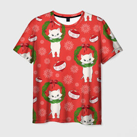 Мужская футболка 3D с принтом Новогодние кошки в Рязани, 100% полиэфир | прямой крой, круглый вырез горловины, длина до линии бедер | зима | кот | новый год | подарок | рождество