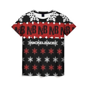 Женская футболка 3D с принтом Праздничный Nickelback в Рязани, 100% полиэфир ( синтетическое хлопкоподобное полотно) | прямой крой, круглый вырез горловины, длина до линии бедер | nickelback | дэниел адэр | майк крюгер | никелбек | никл бек | новогодний | новый год | райан пик | рождество | чед крюгер