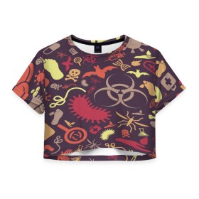 Женская футболка 3D укороченная с принтом Био pattern в Рязани, 100% полиэстер | круглая горловина, длина футболки до линии талии, рукава с отворотами | biohazard | bombing | pattern | биоматериал | бомбинг | молекулы | радиация | текстуры | узор