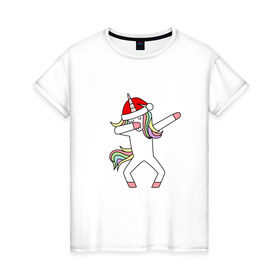 Женская футболка хлопок с принтом Единорог в шапке Санты Дэб в Рязани, 100% хлопок | прямой крой, круглый вырез горловины, длина до линии бедер, слегка спущенное плечо | дэб | единорог | новый год | санта