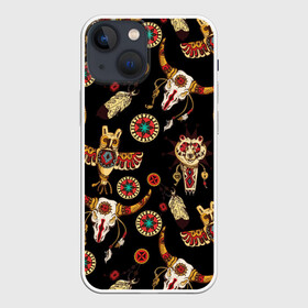 Чехол для iPhone 13 mini с принтом Индейский орнамент в Рязани,  |  | amulets | bulls | feathers | indian ornament | masks | owls | patterns | skulls | tambourines | амулеты | бубны | быки | индейский орнамент | маски | перья | совы | узоры | черепа