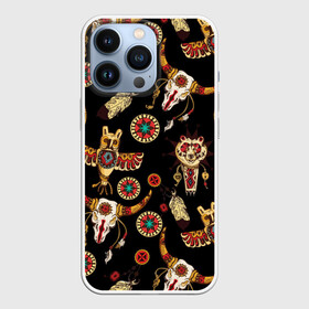 Чехол для iPhone 13 Pro с принтом Индейский орнамент в Рязани,  |  | amulets | bulls | feathers | indian ornament | masks | owls | patterns | skulls | tambourines | амулеты | бубны | быки | индейский орнамент | маски | перья | совы | узоры | черепа