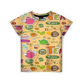 Детская футболка 3D с принтом Tea bombing в Рязани, 100% гипоаллергенный полиэфир | прямой крой, круглый вырез горловины, длина до линии бедер, чуть спущенное плечо, ткань немного тянется | char | tea | tea party | еда | конфеты | лимон | напиток | печенье | сладости | тортики | чай | чашка