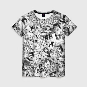 Женская футболка 3D с принтом Ahegao в Рязани, 100% полиэфир ( синтетическое хлопкоподобное полотно) | прямой крой, круглый вырез горловины, длина до линии бедер | anime | аниме | лицо | паттрен | чернобелый