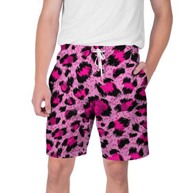 Мужские шорты 3D с принтом Розовый леопард в Рязани,  полиэстер 100% | прямой крой, два кармана без застежек по бокам. Мягкая трикотажная резинка на поясе, внутри которой широкие завязки. Длина чуть выше колен | гепард | леопард