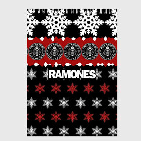 Скетчбук с принтом Праздничный Ramones в Рязани, 100% бумага
 | 48 листов, плотность листов — 100 г/м2, плотность картонной обложки — 250 г/м2. Листы скреплены сверху удобной пружинной спиралью | Тематика изображения на принте: ramones | группа | джонни | джоуи | ди ди томми | знак | красный | марк | надпись | новогодний | новый год | панк | поп | праздник | раманес | раманэс | рамон | рамонес | рамонэс | рамоун | рамоунз | рамоунс