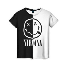 Женская футболка 3D с принтом Nirvana в Рязани, 100% полиэфир ( синтетическое хлопкоподобное полотно) | прямой крой, круглый вырез горловины, длина до линии бедер | cobain | kurt | nirvana | альтернативный | гранж | грол | группа | дональд | кобейн | курт | музыка | музыкант | надпись | нервана | нирвана | новоселич | певец | рок | смайл | смайлик | солист | язык