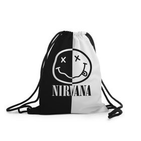 Рюкзак-мешок 3D с принтом Nirvana в Рязани, 100% полиэстер | плотность ткани — 200 г/м2, размер — 35 х 45 см; лямки — толстые шнурки, застежка на шнуровке, без карманов и подкладки | Тематика изображения на принте: cobain | kurt | nirvana | альтернативный | гранж | грол | группа | дональд | кобейн | курт | музыка | музыкант | надпись | нервана | нирвана | новоселич | певец | рок | смайл | смайлик | солист | язык