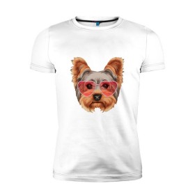 Мужская футболка премиум с принтом Йоркширский терьер в очках сердечках в Рязани, 92% хлопок, 8% лайкра | приталенный силуэт, круглый вырез ворота, длина до линии бедра, короткий рукав | домашние животные | пес | собака | терьер