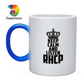 Кружка хамелеон с принтом Keep calm and listen RHCP в Рязани, керамика | меняет цвет при нагревании, емкость 330 мл | red hot chili peppers | rhcp | альтернативный | группа | джош клингхоффер | красные острые перцы чили | метал | ред хот чили пеперс | рок | рхчп | рэп | фанк | фли | чад смит | энтони кидис