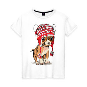 Женская футболка хлопок с принтом Чихуахуа в шапочке в Рязани, 100% хлопок | прямой крой, круглый вырез горловины, длина до линии бедер, слегка спущенное плечо | домашние животные | пес | песик | собака | собачка | чихуахуа