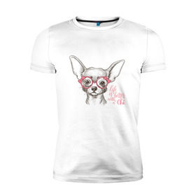 Мужская футболка премиум с принтом Чихуахуа в розовых очках в Рязани, 92% хлопок, 8% лайкра | приталенный силуэт, круглый вырез ворота, длина до линии бедра, короткий рукав | домашние животные | пес | собака